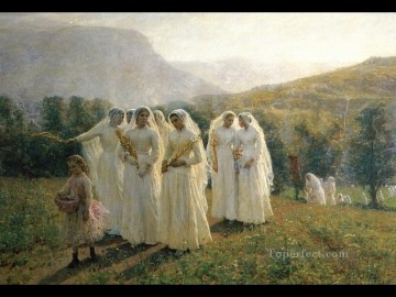  po Pintura - Mujeres jóvenes que van a una procesión campo realista Jules Breton